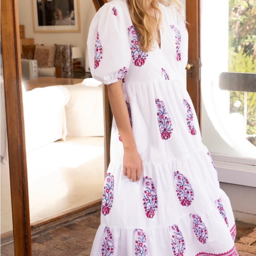 Oliphant Verna Red White Maxi Dress with Pink Floral Accents - Picture 3 of 6